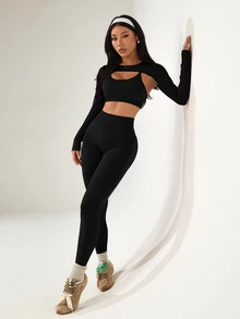 Dewbera Dewbera Women's Solid Color Long Sleeve Top + Camisole + High Waist Pants Sports Suit - Black - View 4