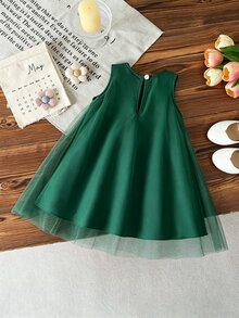 SHEIN Vintaside Kids 女嬰甜美夢幻粉色網紗洋裝，飾有可愛3D蝴蝶結裝飾，適合外出、度假與拍照拍攝 - 綠色 - 查看 2