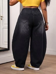 Slaydiva Plus Size Women's Front Knot Curved Leg Casual Loose Fit Jeans - Black - View 2