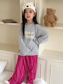 Dazy Kids Tween Girl Letter Print Long Sleeve Top And Pants Casual Daily Home Pajama Set Fall - Grey - View 7