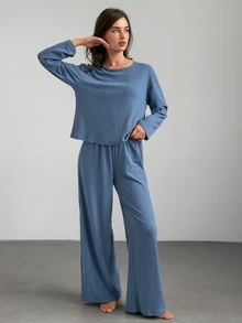 Livesso Women's Solid Color Long Sleeve Top And Pants Loungewear Set - Blue - View 3