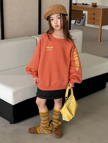 DAZY Tween Girl Letter Print Raglan Long Sleeve Casual Sweatshirt - Orange - View 5