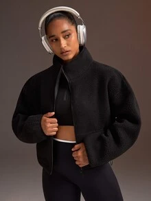 Powerista Women's Loose Fleece Black Autumn/Winter Sports Jacket - Black - View 4