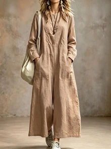 Breezaya Women's Autumn Solid Color Round Neck Long Sleeve Pocket Design Casual Wide Leg Jumpsuit - Khaki - View 1