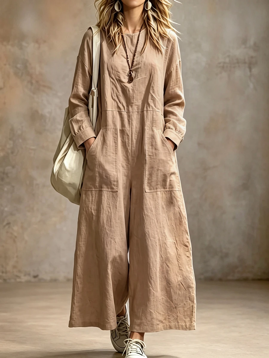 Breezaya Women's Autumn Solid Color Round Neck Long Sleeve Pocket Design Casual Wide Leg Jumpsuit - Khaki - View 1