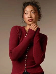 COSMINA 女款休閒優雅瑪瑙鈕扣淺棕色針織上衣 - 紅色 - 查看 5