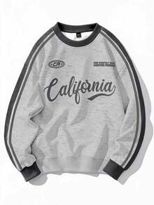 Chillumni Casual Apricot Green Contrast Color Striped California Letter Print Crew Neck Sweatshirt, Contrast Color Webbing Loose Fit Collegiate Sporty Slimming - Multicolor - View 1