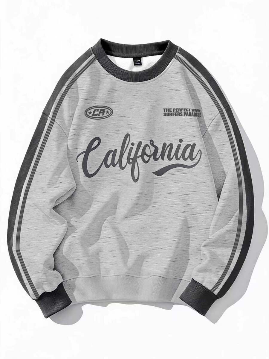 Chillumni Casual Apricot Green Contrast Color Striped California Letter Print Crew Neck Sweatshirt, Contrast Color Webbing Loose Fit Collegiate Sporty Slimming - Multicolor - View 1