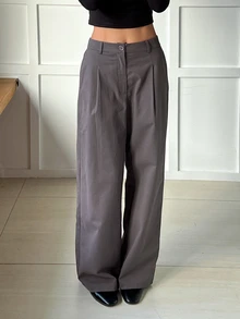SHEIN EZwear بنطال عمل نسائي بسيط بأزرار وكسرات للتنقل والمكتب - رمادي - مشاهدة 4