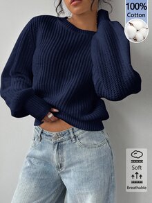 SHEIN BASICS 女款圓領長袖純色毛衣，純白色，適合早午餐、學校、居家、日常穿著，秋季休閒基礎款，畢業大學風 - 藏蓝色 - 查看 4