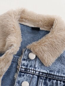 SHEIN 小男孩舒適休閒保暖內裡牛仔夾克，秋冬款 - 中等水洗藍 - 查看 3