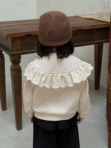 DAZY Baby Girl Patchwork Ruffle Long Sleeve Single-Breasted Casual Sweatshirt - Apricot - View 2