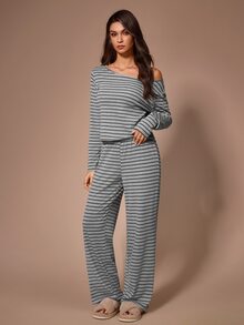 Lazeform Bộ đồ mặc nhà nữ thời trang phong cách casual, thoải mái, họa tiết kẻ sọc, dáng oversize, cổ tròn sâu, phù hợp mặc ngoài trời - Xám - Xem 2