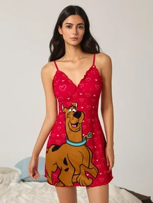 SCOOBY-DOO X SHEIN Women's Cartoon Print Spaghetti Strap Nightgown - Red - View 4