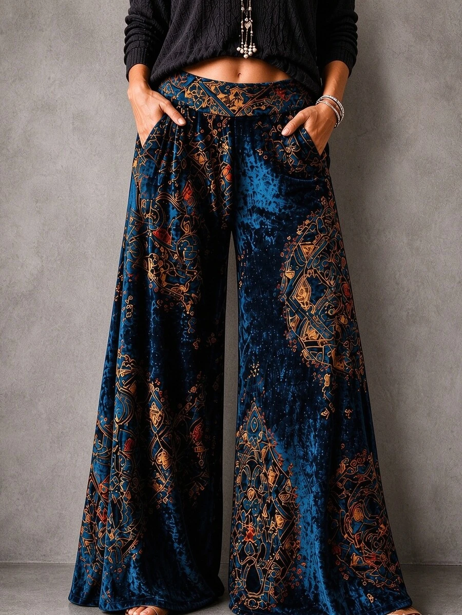 Linhara CURVE Women's Plus Size Bohemian Print Velvet Wide Leg Pants ...