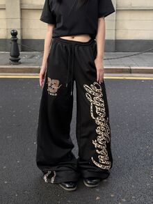 Coolane Summer Sport Casual Logo Pattern Baggy Sweatpants - Black - View 3