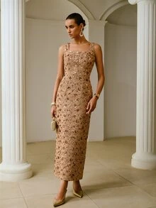 ZEYLAH Square Neck Waist-Cinching Straight Sleeveless Dress - Khaki - View 1