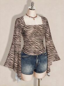 SHEIN ICON 大尺碼女款休閒斑馬紋喇叭袖上衣（秋季款） - 彩色 - 查看 4