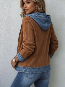 Holdful Holdful Women's Denim Effect Print Patchwork Ribbed Long Sleeve Hooded Zip-Up Jacket, Elegant Casual Daily Wear For Autumn, Winter, Spring - Multicolor - View 2