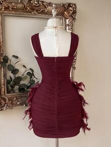 Lovelzi Burgundy Sequin Embroidered Mesh Patchwork Feather Decor Wide Shoulder Strap Spaghetti Ruched Bodycon Short Dress New Year Christmas Party Fall - Burgundy - View 2