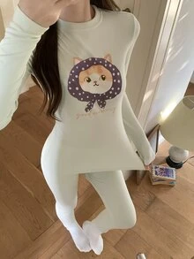 DAZY 2pcs Cute Cat Pattern Slim Fit Long Sleeve Long Pants Pajama Set, Autumn Innerwear Sleepwear Set For Women - Green - View 1
