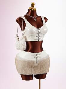Mistrie Women's Sexy Faux Fur & Metal Button Patchwork Skirt - White - View 8