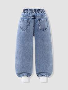 SHEIN Genkimix Kids 女童愛心刺繡寬腿牛仔褲，鬆緊腰休閒牛仔長褲，可愛甜美嬰幼兒女童款 - 淺色水洗藍 - 查看 2