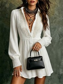 Breezaya Women's Fashion Sweet Textured Button Dress - White - View 3