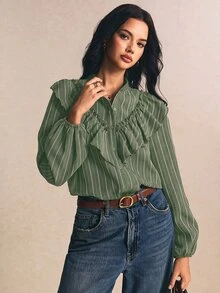 Poéselle 女款條紋長袖單排扣拼接荷葉邊時尚襯衫 秋冬休閒上衣 通勤上班外出穿搭襯衫 - 綠色 - 查看 4