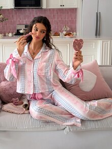 SweetSlumber Women's Sweet INS Striped Bow Plaid Print Contrast Color Lapel Long Sleeve Long Pants Pajama Set - Multicolor - View 6