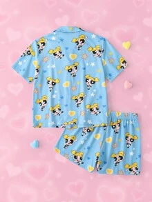 THE POWERPUFF GIRLS X SHEIN THE POWERPUFF GIRLS 青少女短袖上衣與短褲居家服套裝 - 藍色 - 查看 2