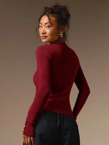 COSMINA 女款休閒優雅瑪瑙鈕扣淺棕色針織上衣 - 紅色 - 查看 2