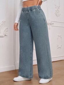 EMERY ROSE Plus Size Women Casual Versatile Elastic Waist Baggy Jeans - Light Wash - View 3
