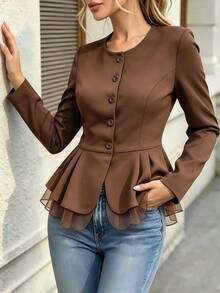 INAWLY French Style Elegant Casual Round Neck Single Button Waist-Cinching Mesh Ruffle Hem Long Sleeve Women's Jacket Office Black Cold Weather - Brown - View 6