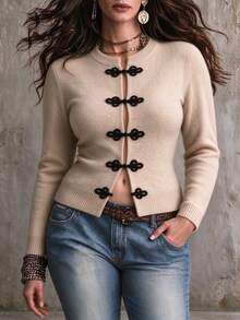 Ceyna Jaket Cardigan Rajut Kancing Simpul Cina Ruyi Gaya Cina Ukuran Besar untuk Wanita Musim Gugur/Dingin, Leher Bulat, Lengan Panjang, Kasual Sederhana, Potongan Ramping - Aprikot - View 3