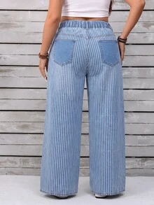 Selenza Plus Size Designer Button Striped Colorblock Loose Fit Denim Jeans - Blue - View 5