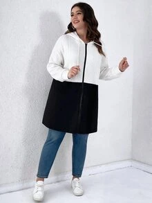 SHEIN LUNE Plus Size 2-Color Drop Shoulder Drawstring Hooded Cardigan Jacket Black & White Women's Autumn/Winter - Black and White - View 8