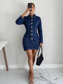 Siren Gaze Women's Casual Everyday Summer Denim Dress With Collar - Blue - View 5