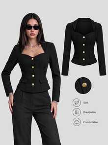 Sweetra Áo blazer nữ tay dài cổ tim cài nút kim loại - màu đen - Xem 1