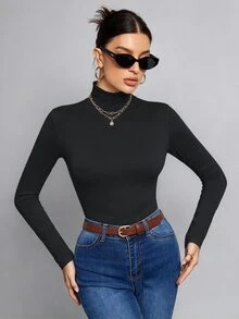 SHEIN Tall 簡約純色修身高領白色上衣，適合秋冬，適合高個女性 - 深灰色 - 查看 7