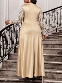 Fleurora Plus Size Sweet Cowl Neck Lace Long Sleeve Dress - Khaki - View 2