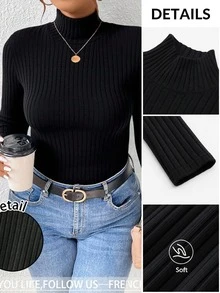 SHEIN CURVE+ Plus Size Black Ribbed Turtleneck Long Sleeve T-Shirt, Suitable For Autumn/Winter, Christmas, New Year - Black - View 6