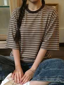 DAZY 對比色條紋上衣休閒日常韓系風格春秋女款T恤 - 卡其色 - 查看 6