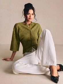 Poéselle 女款極簡風鈕扣收腰針織開襟外套 - 橄欖綠 - 查看 7