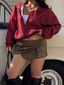 Muchica 格紋休閒優雅法式大尺碼女款夾克，開學季辦公室牛仔風正式白色秋季外套 - 酒紅色 - 查看 5