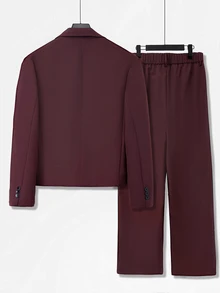HUEFORM Men's Burgundy Peak Lapel Fashion Loose Wide Leg Suit Pants 2 Pieces Suit Set - Burgundy - View 2