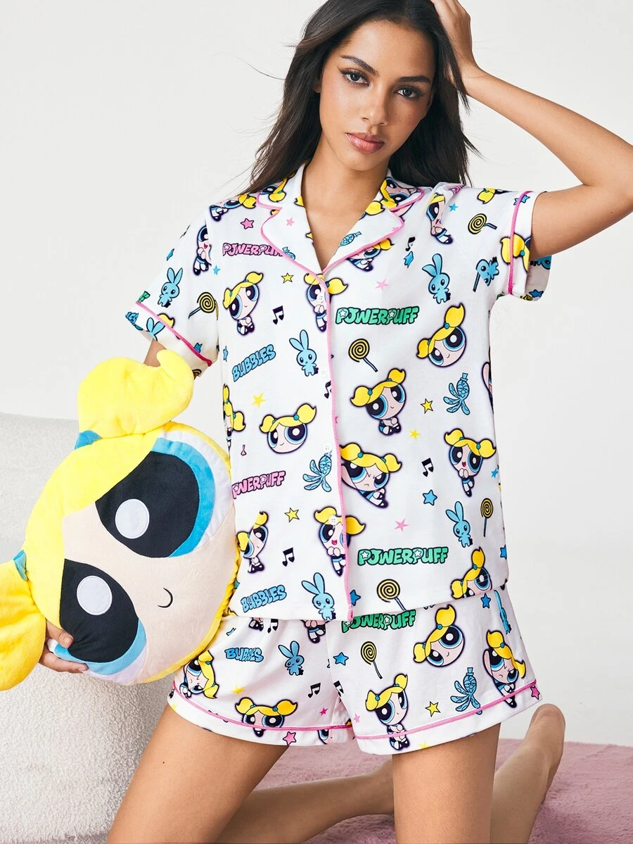 THE POWERPUFF GIRLS X SHEIN 女款卡通印花鈕扣上衣與短褲睡衣套裝 - 白色 - 查看 1