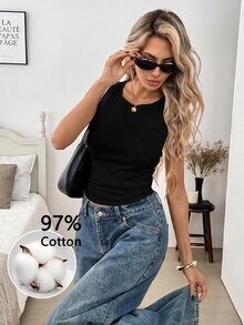 SHEIN LUNE 女款休閒秋冬棉質背心內搭上衣，旅行基礎上班穿搭可愛上衣，返校季適用 - 黑色 - 查看 8