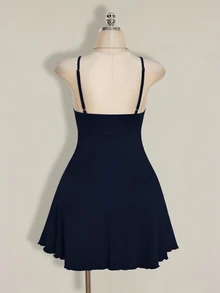 SHEIN ICON 女款大尺碼春夏復古可愛商務休閒性感簡約日常度假通勤時尚Y2K前胸抓褶抹胸黑色洋裝 - 藏蓝色 - 查看 3