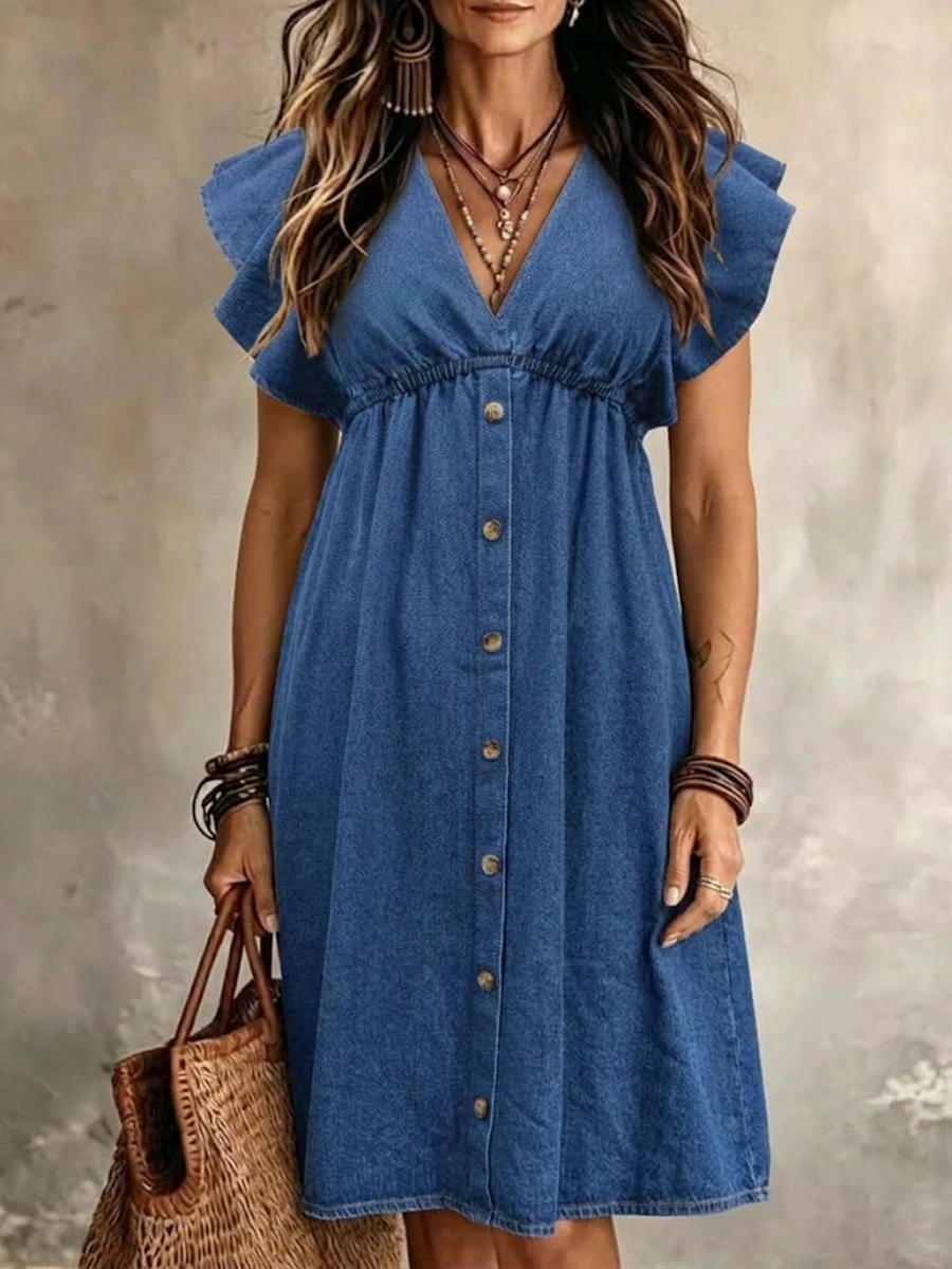 Linhara CURVE Plus Size Women's Fashion Washed Single-Breasted Denim Dress - Dark Wash - View 1